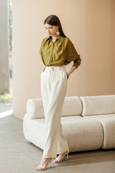 Olive Sheen Button-Up Blouse
